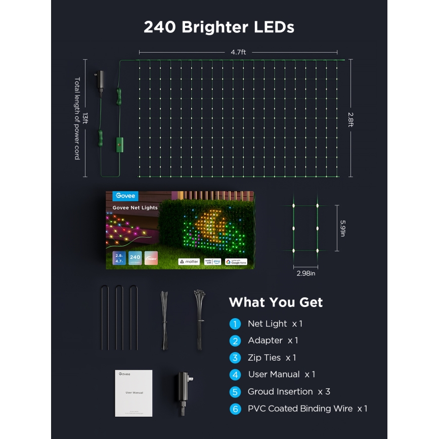 Govee - LED RGBIC Malla de iluminación exterior 143x85cm Wi-Fi Matter IP65