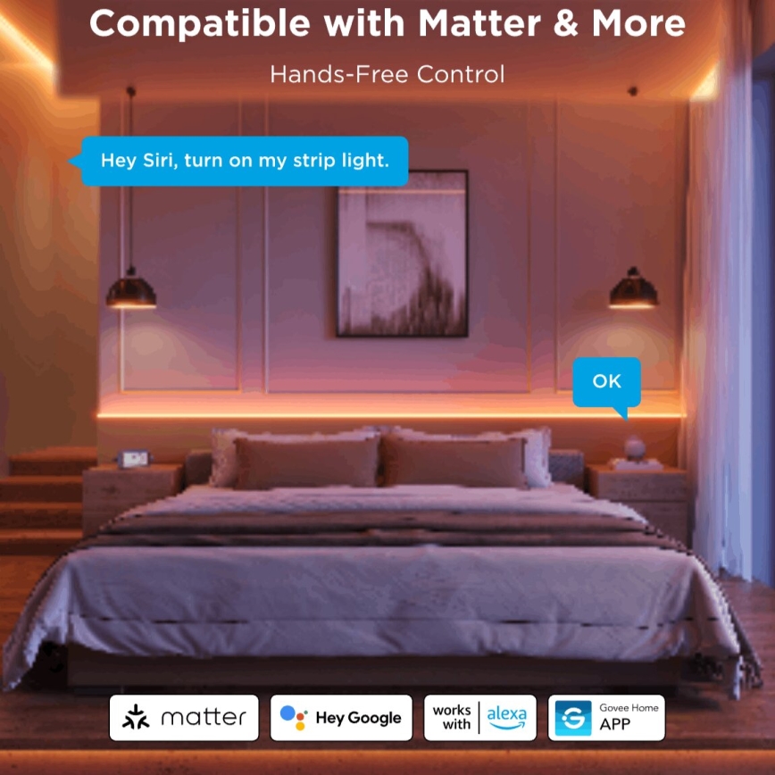 Govee - LED RGBICW Tira regulable COB 3780 diodos 3m Wi-Fi Matter