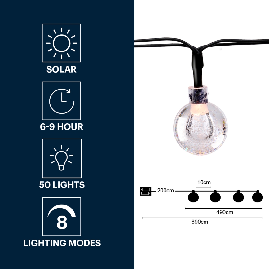 Grundig - Cadena solar LED 50xLED/8 funciones 6,9m blanco cálido