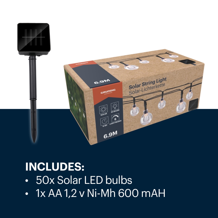 Grundig - Cadena solar LED 50xLED/8 funciones 6,9m blanco cálido