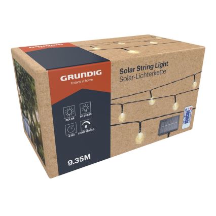 Grundig - Cadena solar LED regulable 50xLED/8 funciones 9,35m IP44 blanco cálido + CR