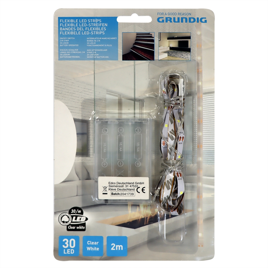 Grundig - Cinta LED 2m LED/3xAA blanco luz diurna