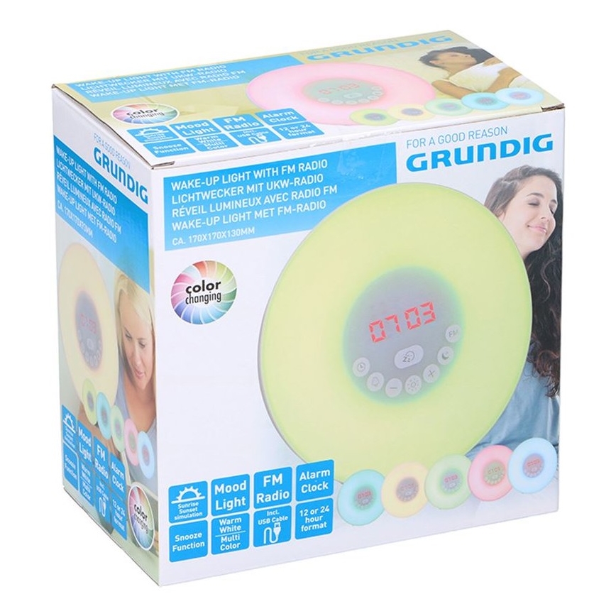 Grundig - Lámpara nocturna LED RGB regulable con despertador y radio FM LED/5W/5V