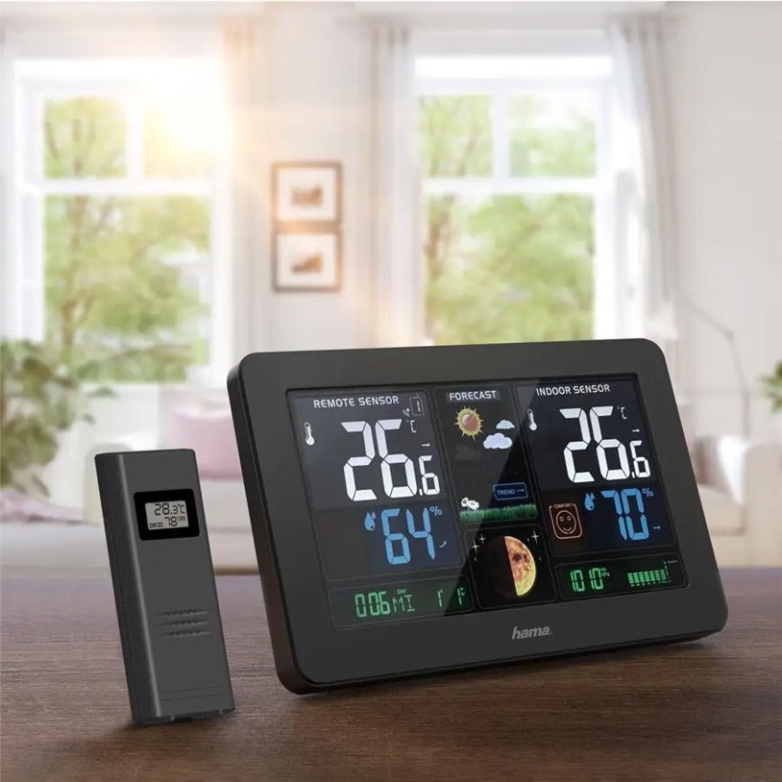 Hama - Estación meteorológica con pantalla LCD en color y alarma + USB negro