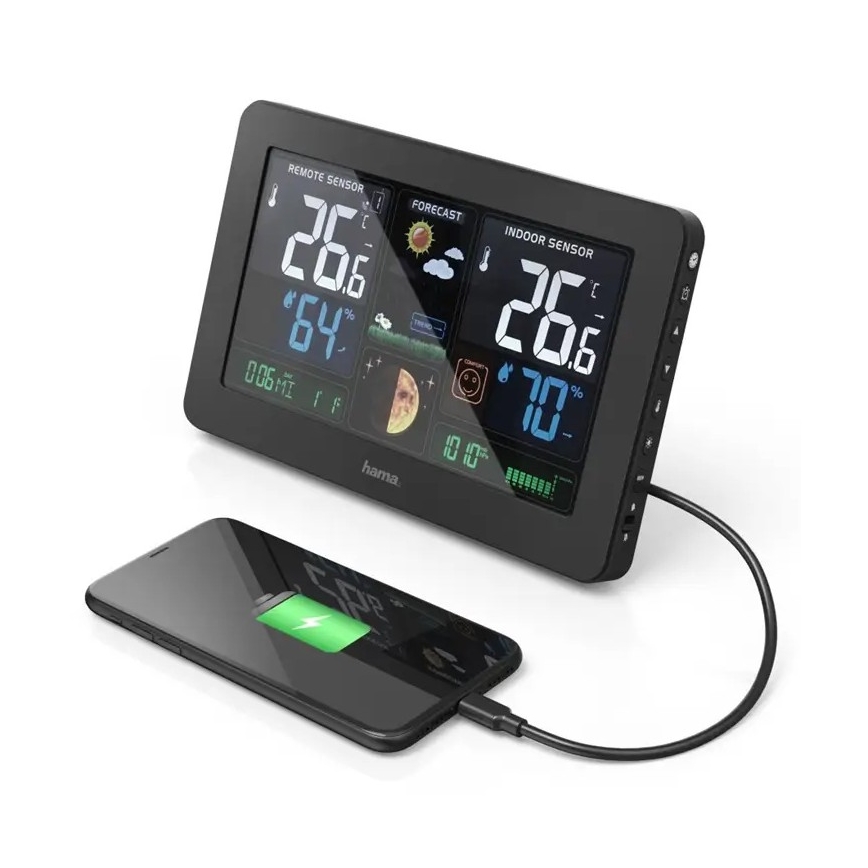 Hama - Estación meteorológica con pantalla LCD en color y alarma + USB negro