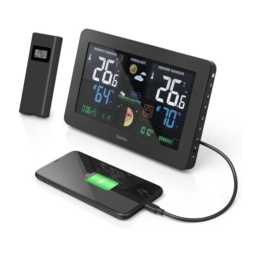 Hama - Estación meteorológica con pantalla LCD en color y alarma + USB negro