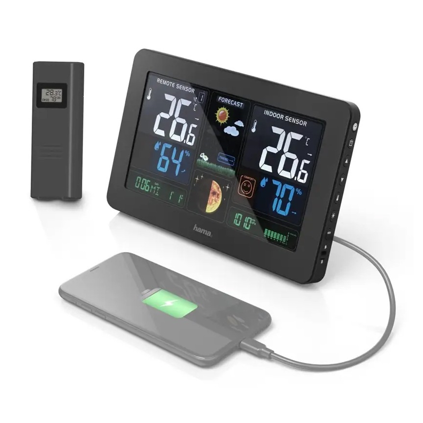 Hama - Estación meteorológica con pantalla LCD en color y alarma + USB negro
