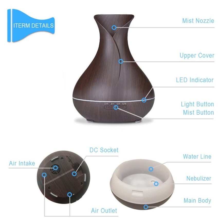 Humidificador e ionizador de aire LED RGB 400 ml