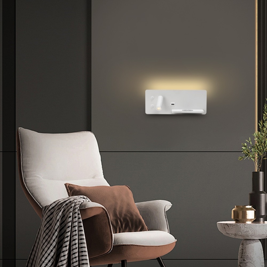 Immax 08285L - Foco LED de pared con estante, puerto USB y carga inalámbrica Be PREPARE LED/3W/230V + LED/3W blanco