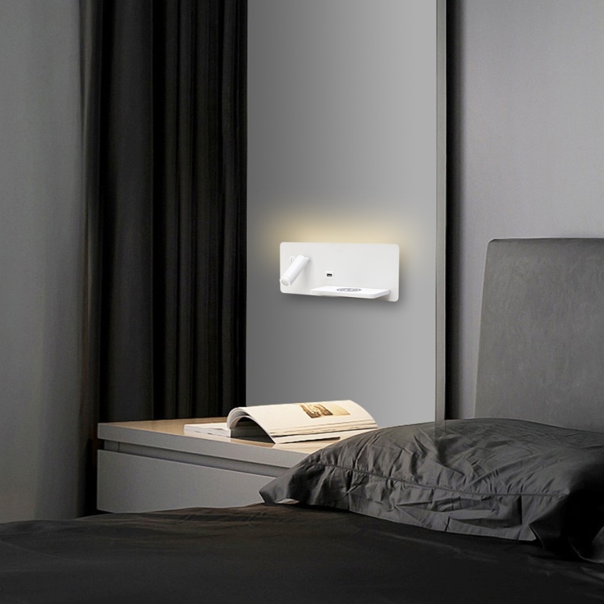 Immax 08285L - Foco LED de pared con estante, puerto USB y carga inalámbrica Be PREPARE LED/3W/230V + LED/3W blanco