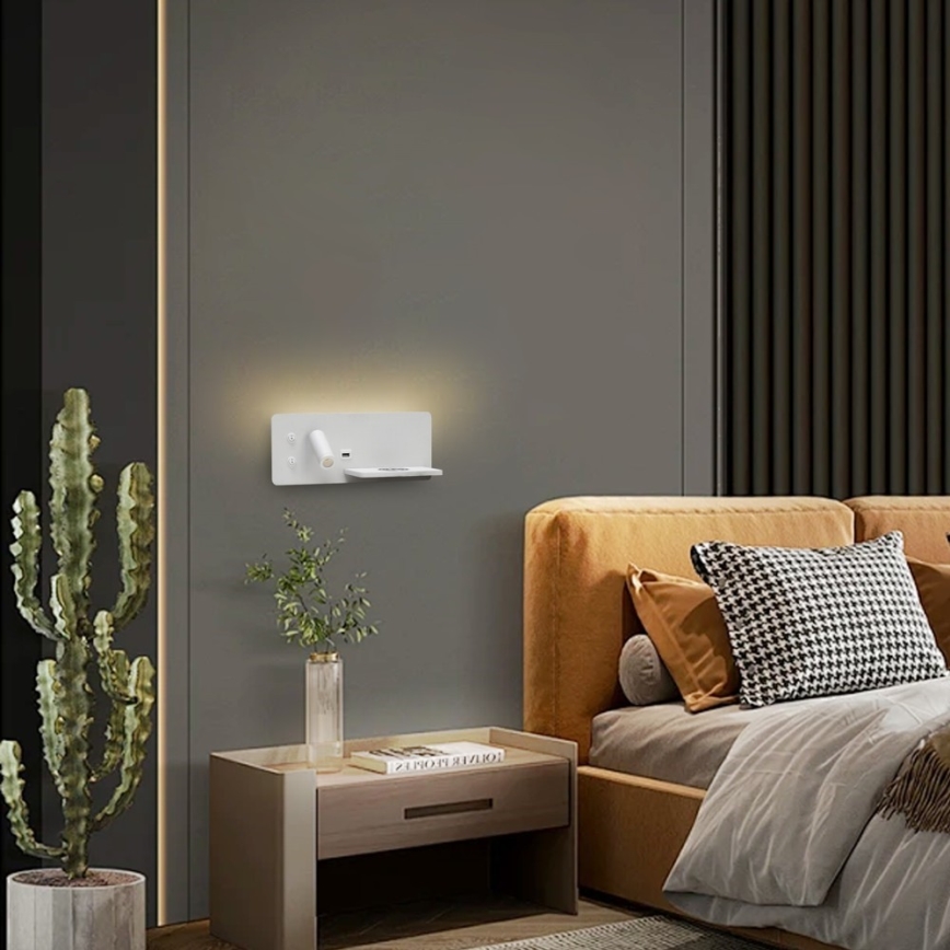 Immax 08285L - Foco LED de pared con estante, puerto USB y carga inalámbrica Be PREPARE LED/3W/230V + LED/3W blanco
