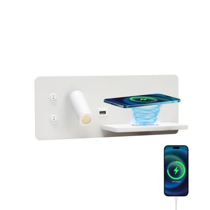 Immax 08285L - Foco LED de pared con estante, puerto USB y carga inalámbrica Be PREPARE LED/3W/230V + LED/3W blanco