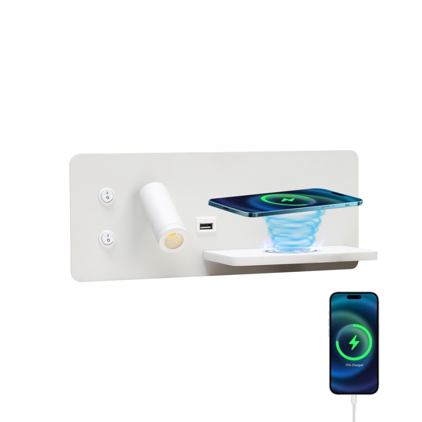 Immax 08285L - Foco LED de pared con estante, puerto USB y carga inalámbrica Be PREPARE LED/3W/230V + LED/3W blanco