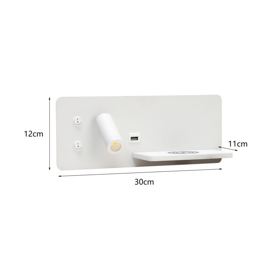 Immax 08285L - Foco LED de pared con estante, puerto USB y carga inalámbrica Be PREPARE LED/3W/230V + LED/3W blanco