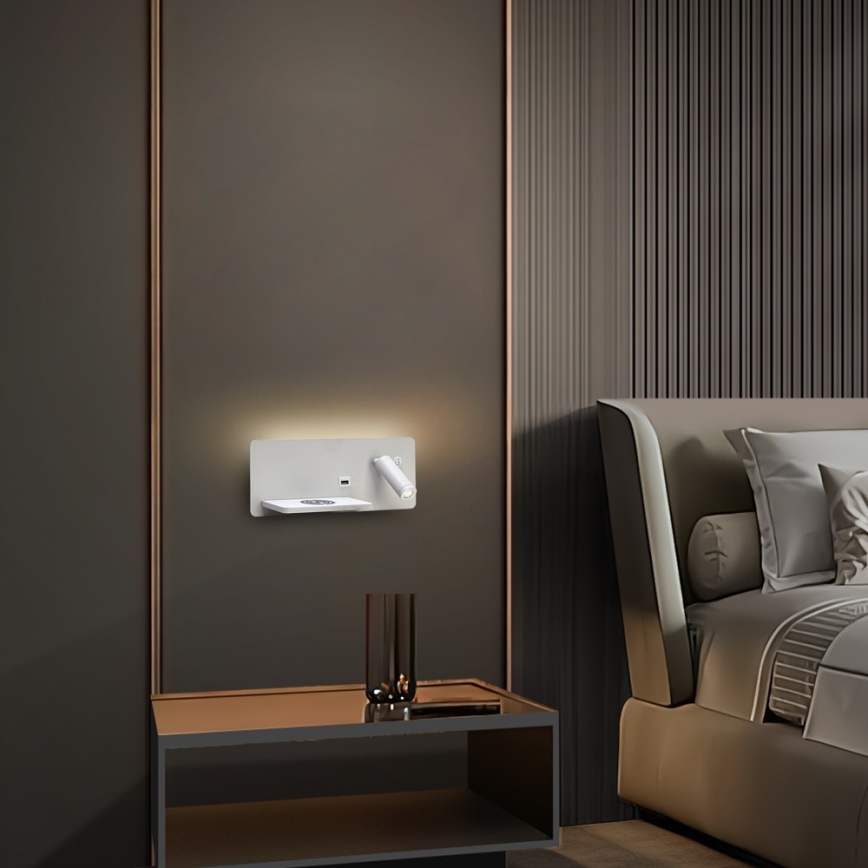 Immax 08286L - Foco LED de pared con estante, puerto USB y carga inalámbrica Be PREPARE LED/3W/230V + LED/3W blanco