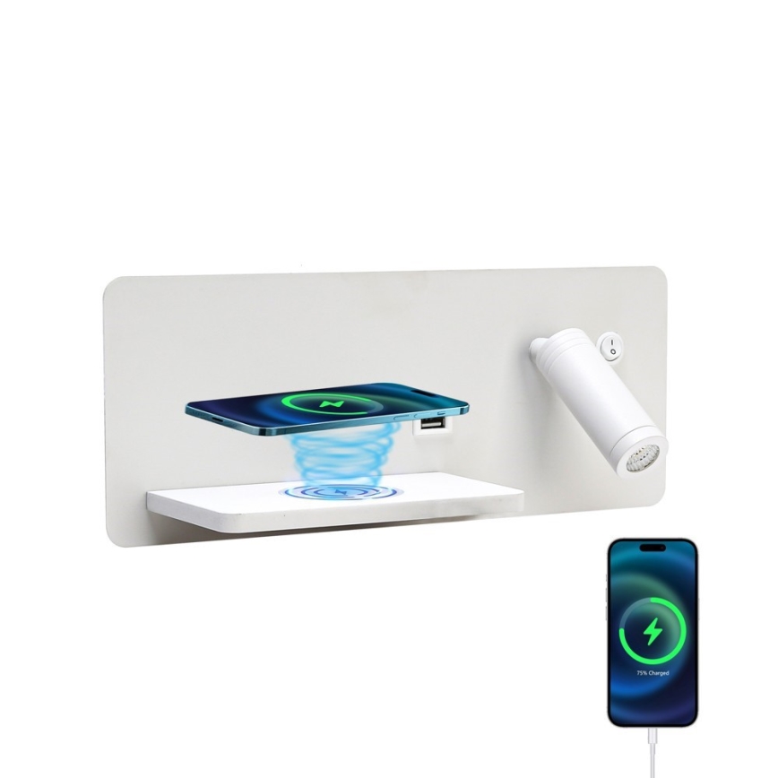 Immax 08286L - Foco LED de pared con estante, puerto USB y carga inalámbrica Be PREPARE LED/3W/230V + LED/3W blanco