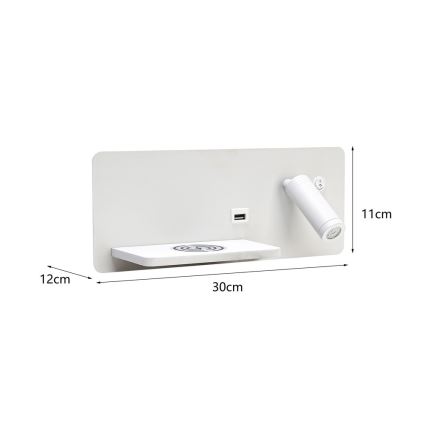 Immax 08286L - Foco LED de pared con estante, puerto USB y carga inalámbrica Be PREPARE LED/3W/230V + LED/3W blanco