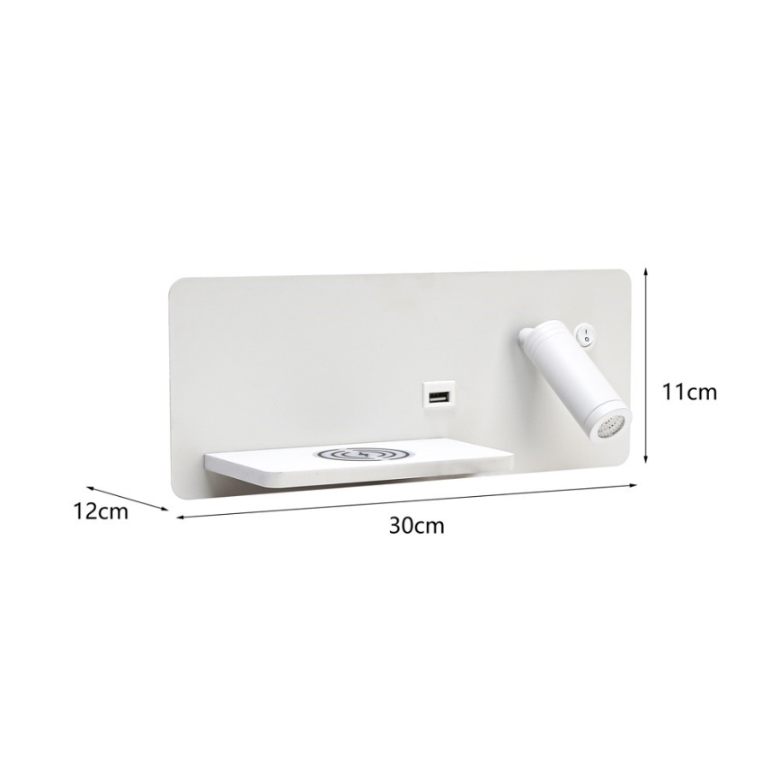 Immax 08286L - Foco LED de pared con estante, puerto USB y carga inalámbrica Be PREPARE LED/3W/230V + LED/3W blanco