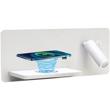 Immax 08286L - Foco LED de pared con estante, puerto USB y carga inalámbrica Be PREPARE LED/3W/230V + LED/3W blanco