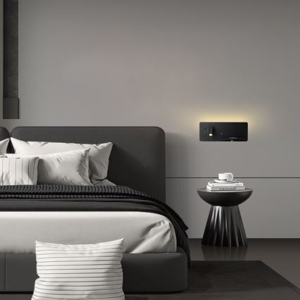 Immax 08287L - Foco LED de pared con estante, puerto USB y carga inalámbrica Be PREPARE LED/3W/230V + LED/3W negro