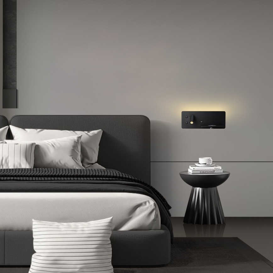 Immax 08287L - Foco LED de pared con estante, puerto USB y carga inalámbrica Be PREPARE LED/3W/230V + LED/3W negro