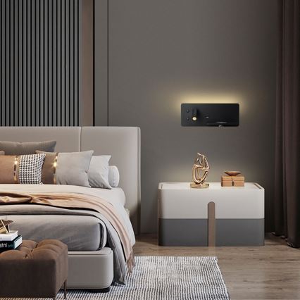Immax 08287L - Foco LED de pared con estante, puerto USB y carga inalámbrica Be PREPARE LED/3W/230V + LED/3W negro