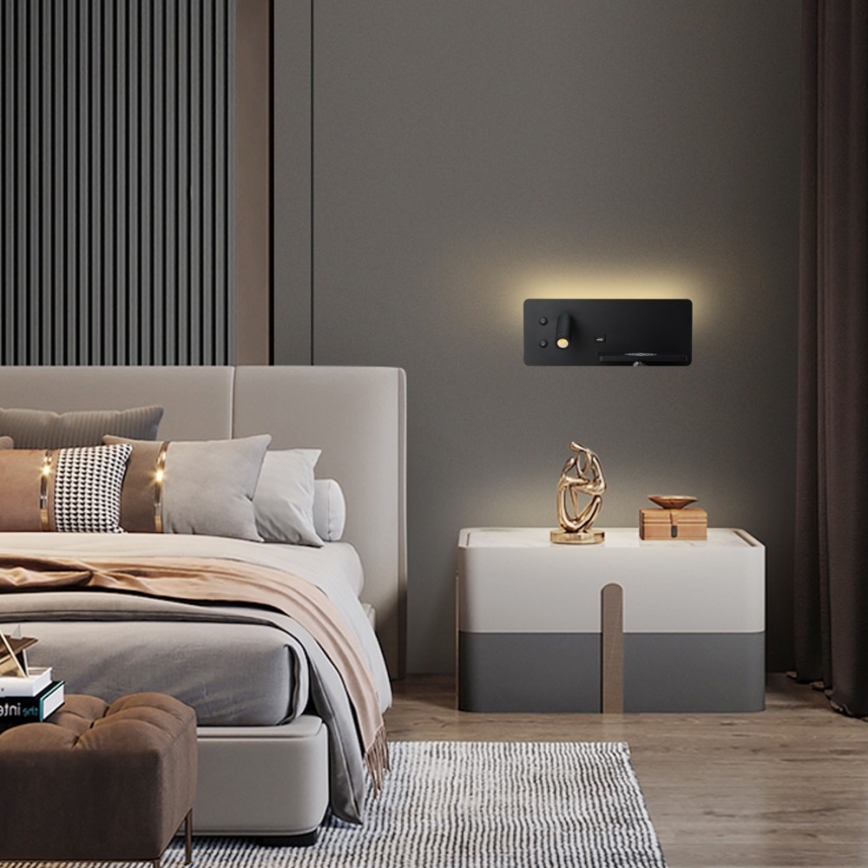 Immax 08287L - Foco LED de pared con estante, puerto USB y carga inalámbrica Be PREPARE LED/3W/230V + LED/3W negro