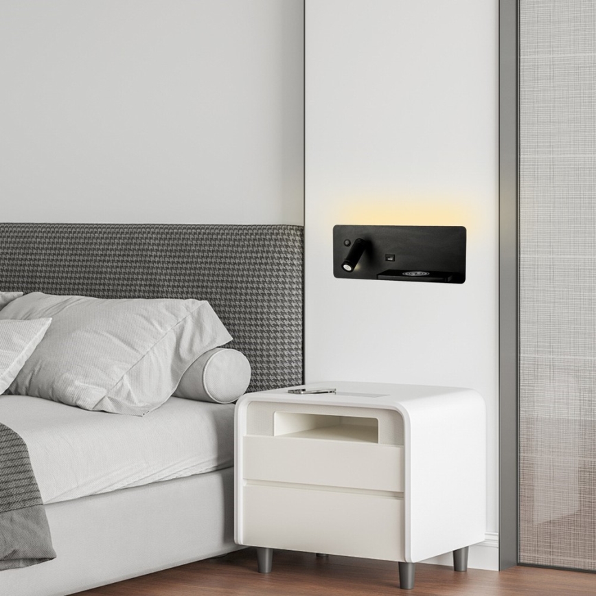 Immax 08287L - Foco LED de pared con estante, puerto USB y carga inalámbrica Be PREPARE LED/3W/230V + LED/3W negro
