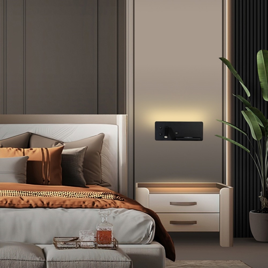 Immax 08287L - Foco LED de pared con estante, puerto USB y carga inalámbrica Be PREPARE LED/3W/230V + LED/3W negro