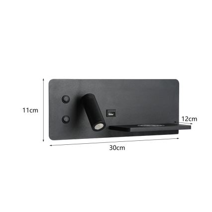 Immax 08287L - Foco LED de pared con estante, puerto USB y carga inalámbrica Be PREPARE LED/3W/230V + LED/3W negro