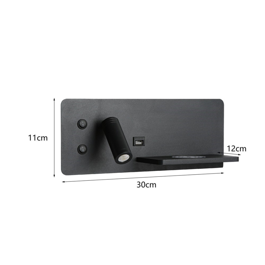 Immax 08287L - Foco LED de pared con estante, puerto USB y carga inalámbrica Be PREPARE LED/3W/230V + LED/3W negro