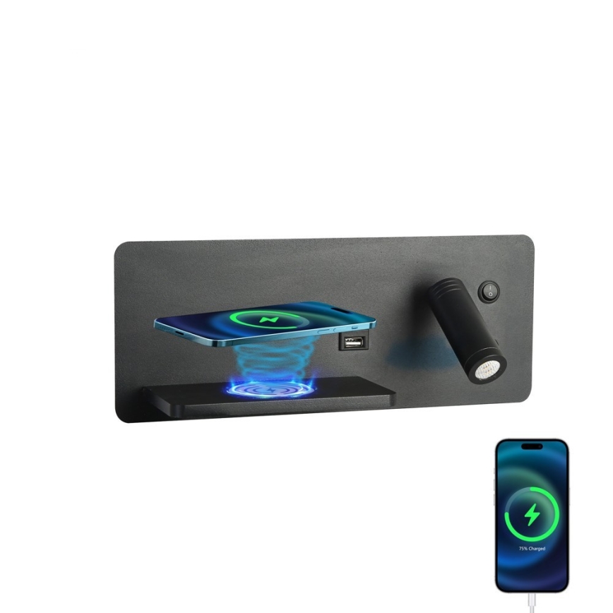 Immax 08288L - Foco LED de pared con estante, puerto USB y carga inalámbrica Be PREPARE LED/3W/230V + LED/3W negro