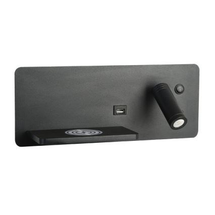 Immax 08288L - Foco LED de pared con estante, puerto USB y carga inalámbrica Be PREPARE LED/3W/230V + LED/3W negro