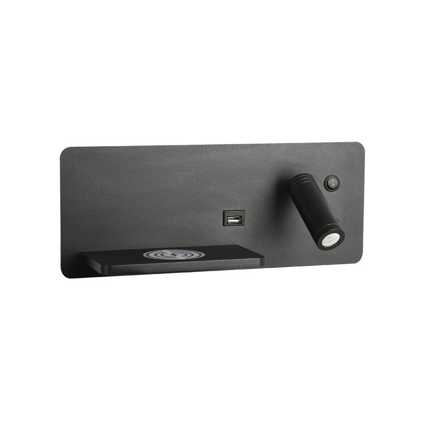Immax 08288L - Foco LED de pared con estante, puerto USB y carga inalámbrica Be PREPARE LED/3W/230V + LED/3W negro