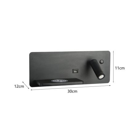 Immax 08288L - Foco LED de pared con estante, puerto USB y carga inalámbrica Be PREPARE LED/3W/230V + LED/3W negro