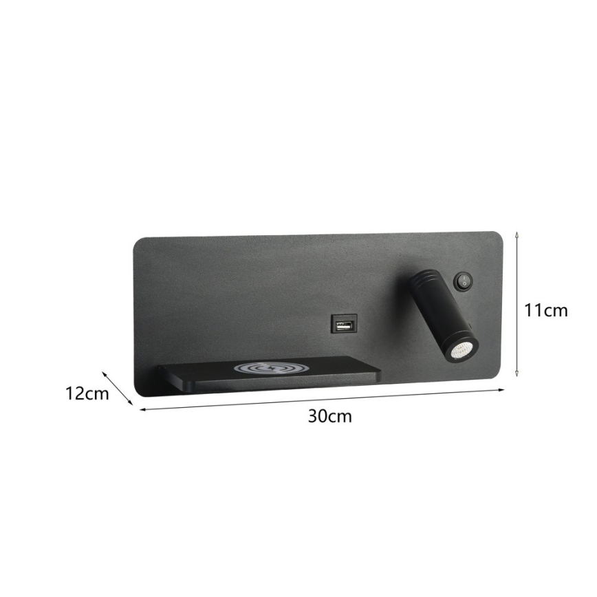 Immax 08288L - Foco LED de pared con estante, puerto USB y carga inalámbrica Be PREPARE LED/3W/230V + LED/3W negro