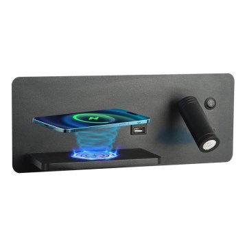Immax 08288L - Foco LED de pared con estante, puerto USB y carga inalámbrica Be PREPARE LED/3W/230V + LED/3W negro