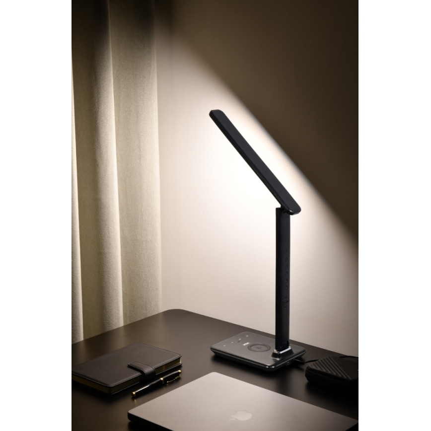 Lámpara de mesa LED regulable con cargador inalámbrico QI y USB KINGFISHER LED/8,5W/230V negro