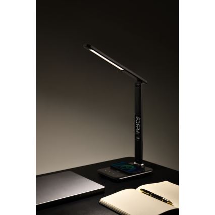 Lámpara de mesa LED regulable con cargador inalámbrico QI y USB KINGFISHER LED/8,5W/230V negro