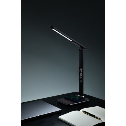 Lámpara de mesa LED regulable con cargador inalámbrico QI y USB KINGFISHER LED/8,5W/230V negro