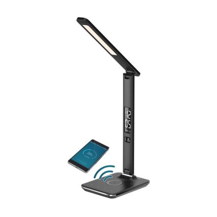 Lámpara de mesa LED regulable con cargador inalámbrico QI y USB KINGFISHER LED/8,5W/230V negro