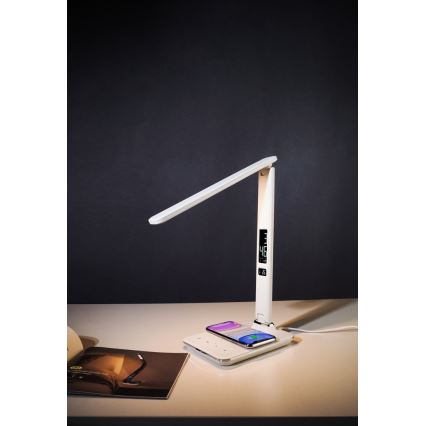 Lámpara de mesa LED regulable con cargador inalámbrico QI y USB KINGFISHER LED/8,5W/230V blanco