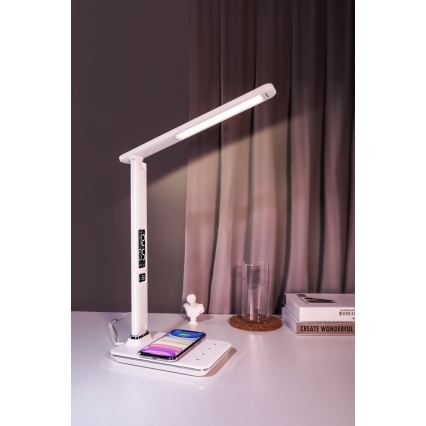 Lámpara de mesa LED regulable con cargador inalámbrico QI y USB KINGFISHER LED/8,5W/230V blanco