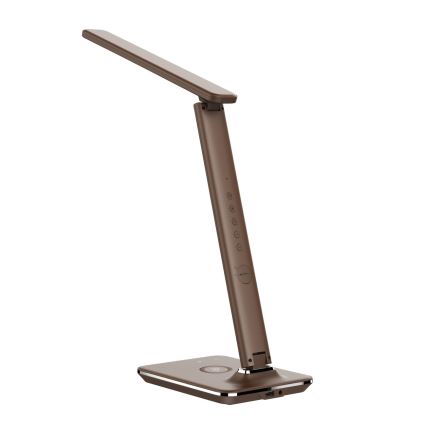 Lámpara de mesa LED regulable con cargador inalámbrico QI y USB KINGFISHER LED/8,5W/230V marrón