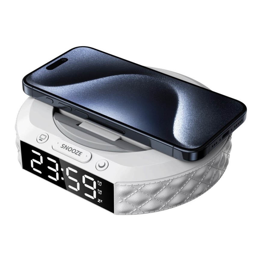 Reloj despertador con pantalla LCD y inalámbrico Qi con cargador 27W/9V blanco