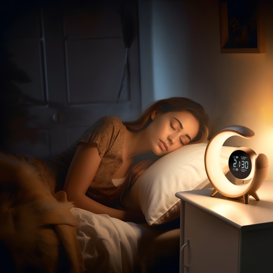 LED RGBW Lámpara de mesa regulable con despertador LED/20W/5V USB plata