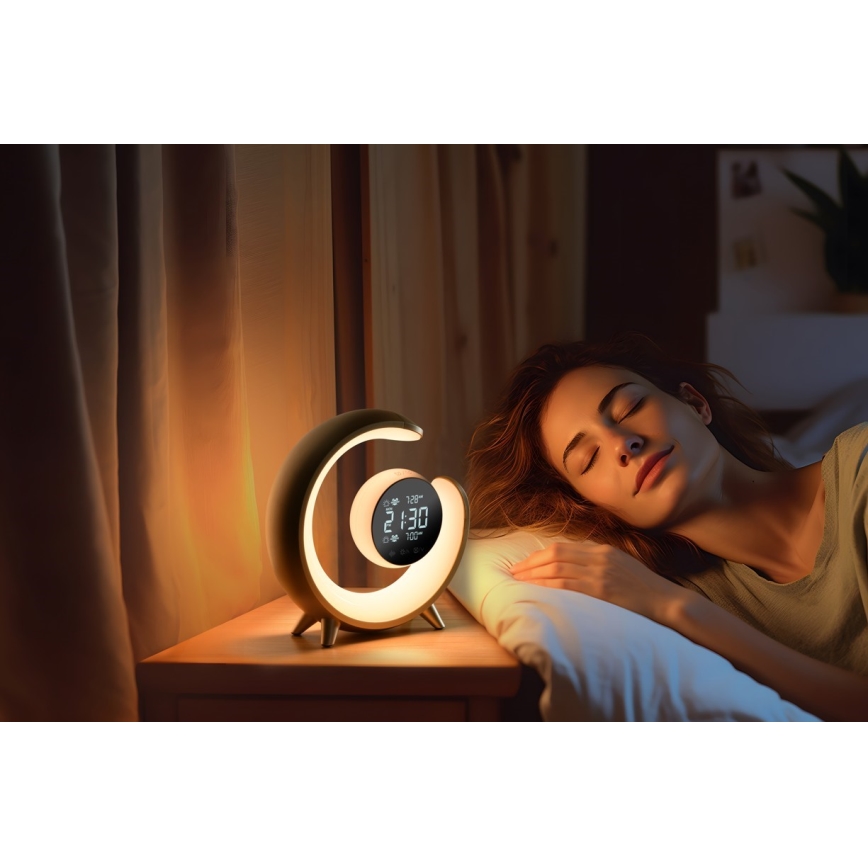 LED RGBW Lámpara de mesa regulable con despertador LED/20W/5V USB plata