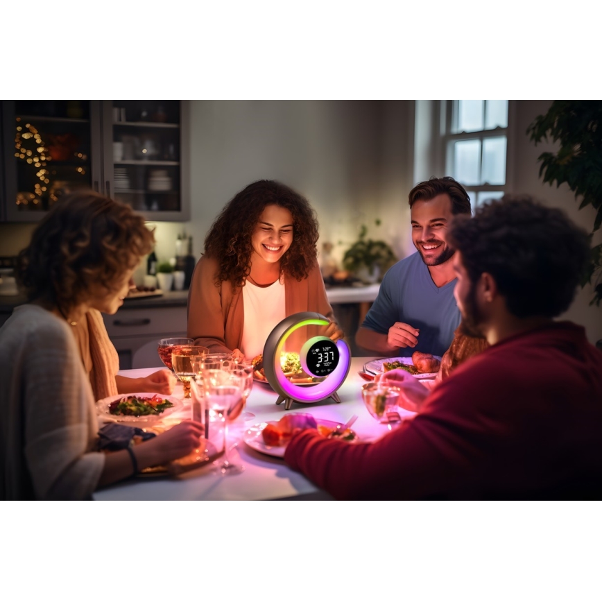 LED RGBW Lámpara de mesa regulable con despertador LED/20W/5V USB plata