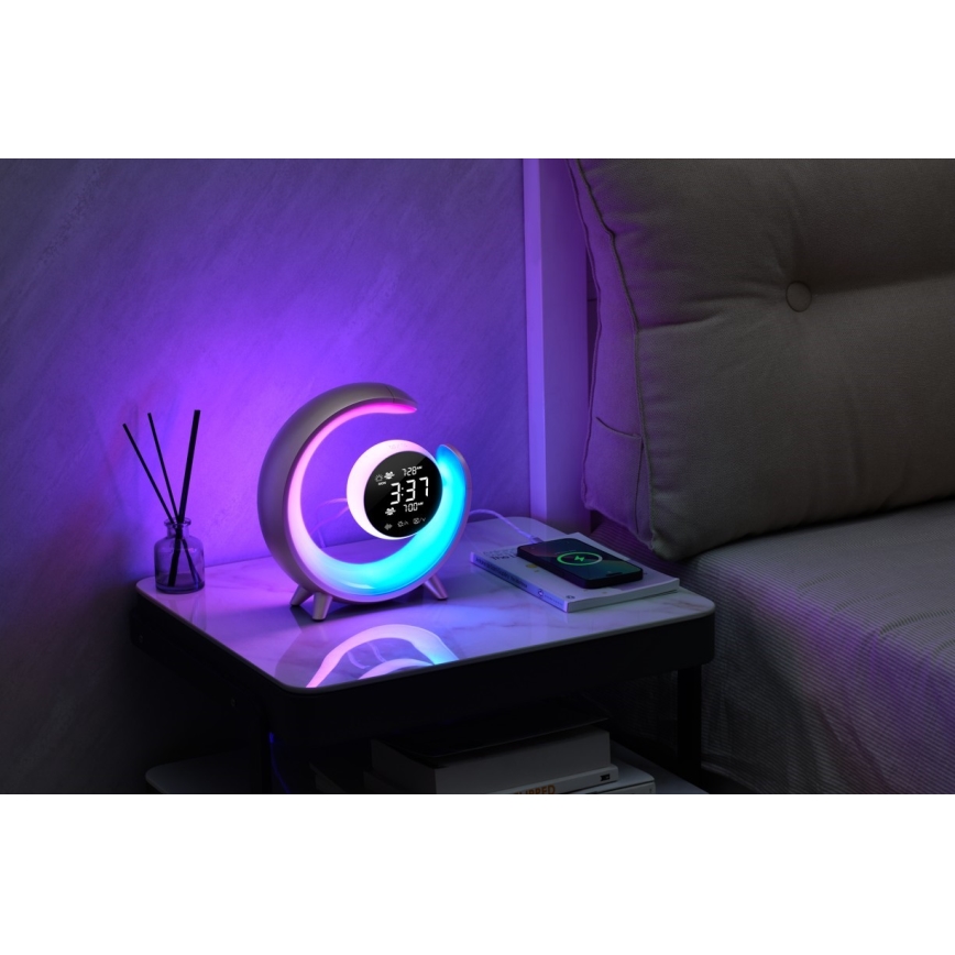 LED RGBW Lámpara de mesa regulable con despertador LED/20W/5V USB plata
