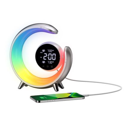 LED RGBW Lámpara de mesa regulable con despertador LED/20W/5V USB plata